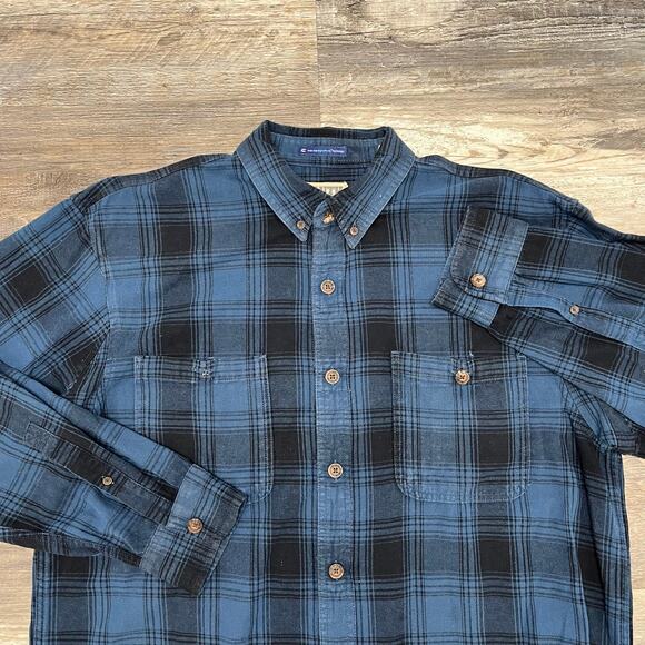 Duluth Trading Blue‎ Black Tartan Plaid Mens L Button Down Flannel Work Shirt - Picture 1 of 9